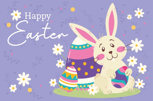 Cute rabbit with painted easter eggs Happy easter week template Vector