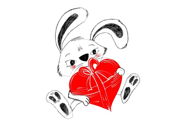 Cute rabbit with red heart for gift hand drawn in black and white for Happy Valentine greeting