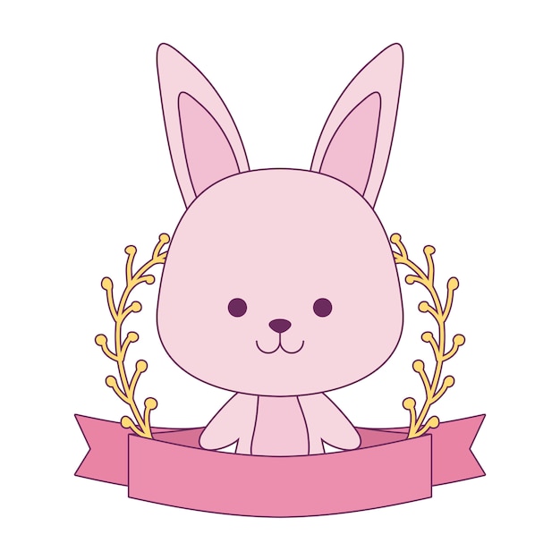 Cute rabbit with ribbon and branches of leafs