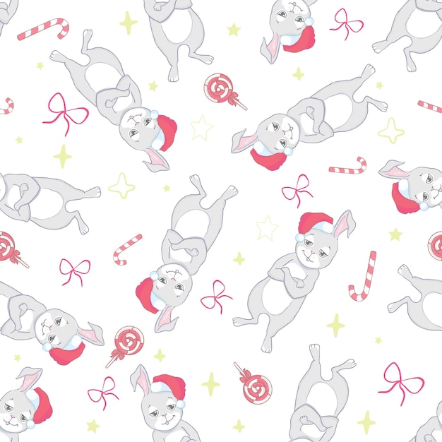 Cute rabbit with santa hat and giftbox seamless pattern cute christmas holidays cartoon character background