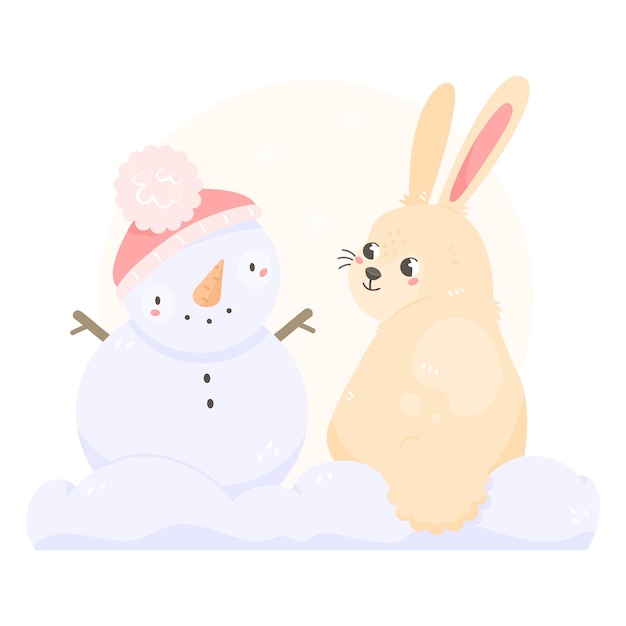 Cute rabbit with a snowman in cartoon style 2023 the year of the rabbit cute children's illustration