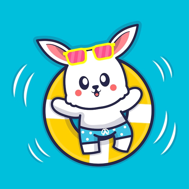 Cute rabbit with swim ring cartoon illustration