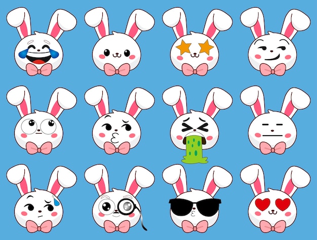 Cute rabbit with various expressions collection stick emotions vector illustration pack collection