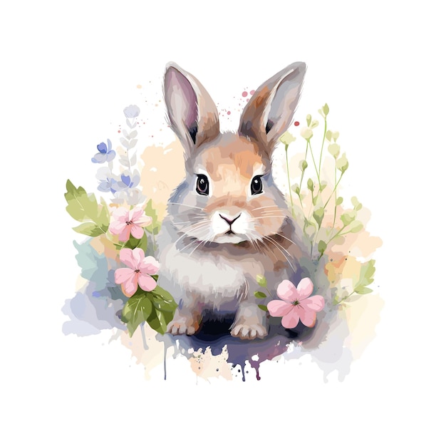 ベクトル 森の水彩画の花を持つかわいいウサギ