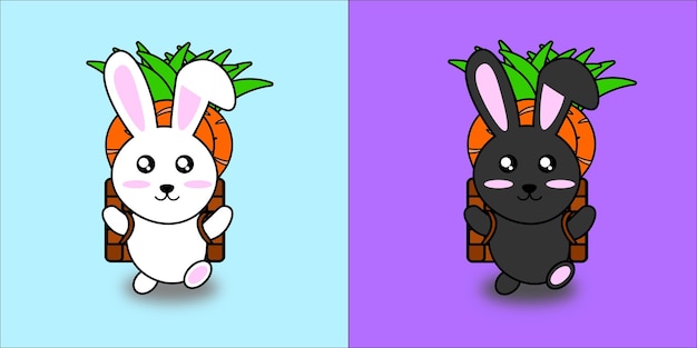 Cute rabbits carry a basket full of carrots