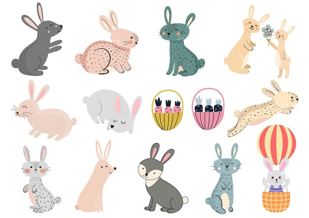 Cute rabbits clipart set illustration