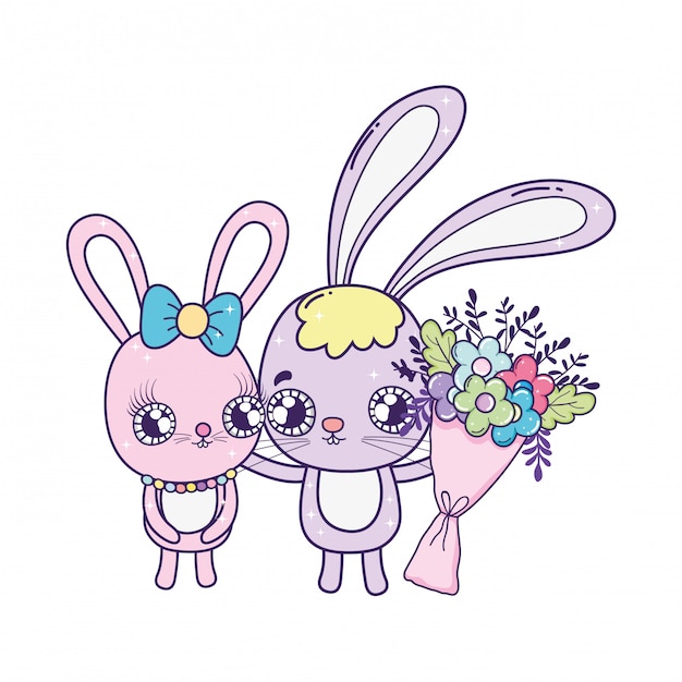 Vector cute rabbits couple with flowers valentines day