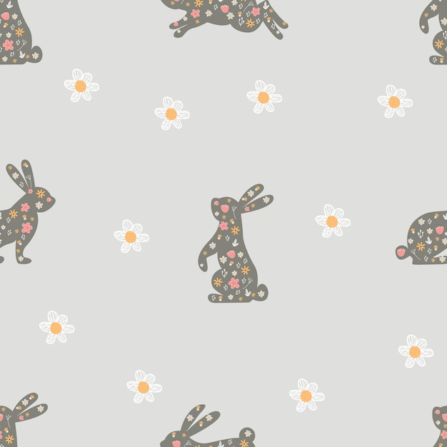 벡터 꽃으로 장식 된 귀여운 토끼 무결한 패턴 부활절 사랑 토끼를위한 어린이 벽지