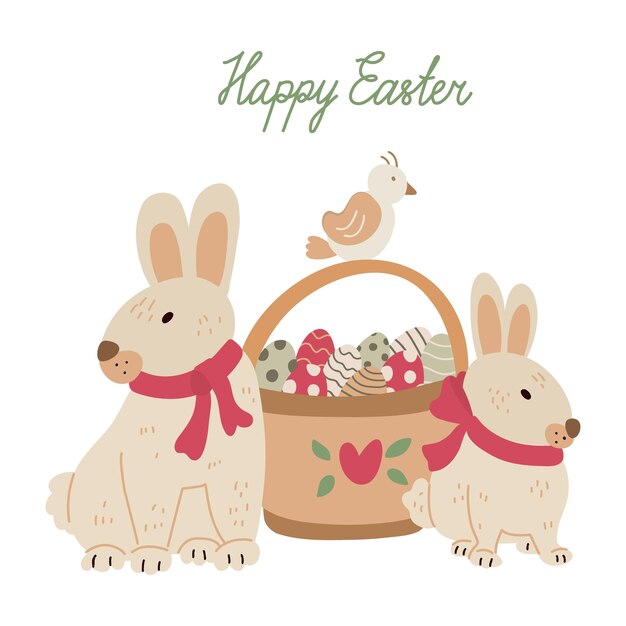 Cute rabbits and an easter basket with colorful eggs and a bird