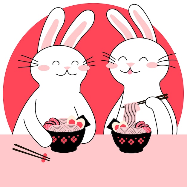 Cute rabbits eat ramen japanese food