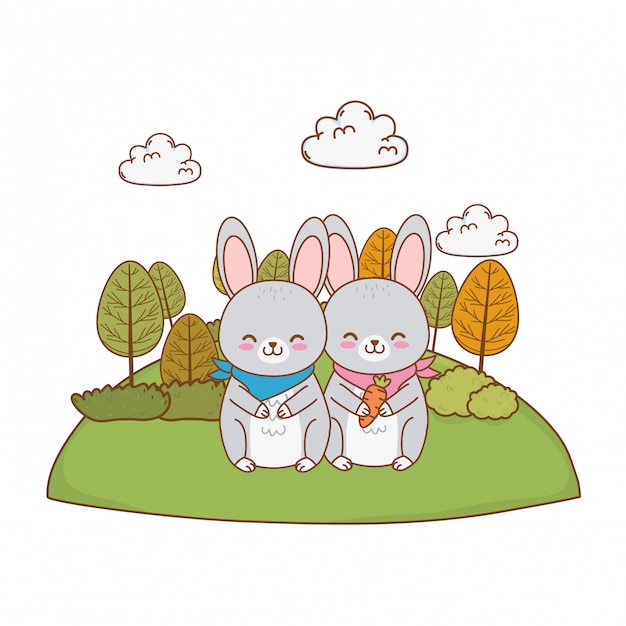 Cute rabbits in the field woodland characters