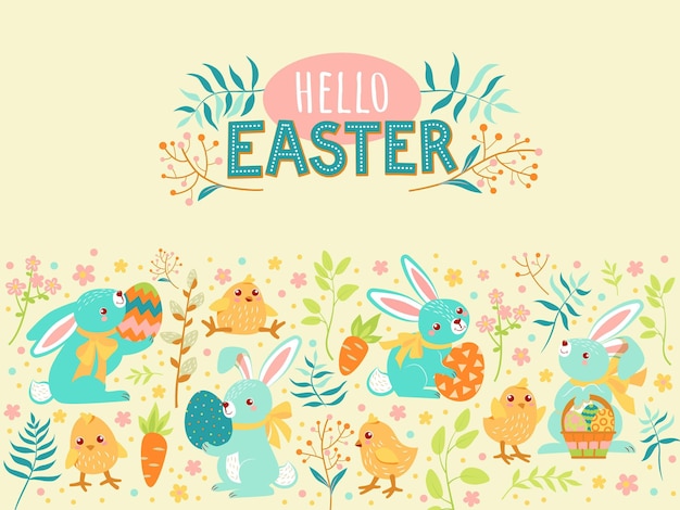 Cute rabbits hold Easter eggs chickens carrots and various spring plants in their paws