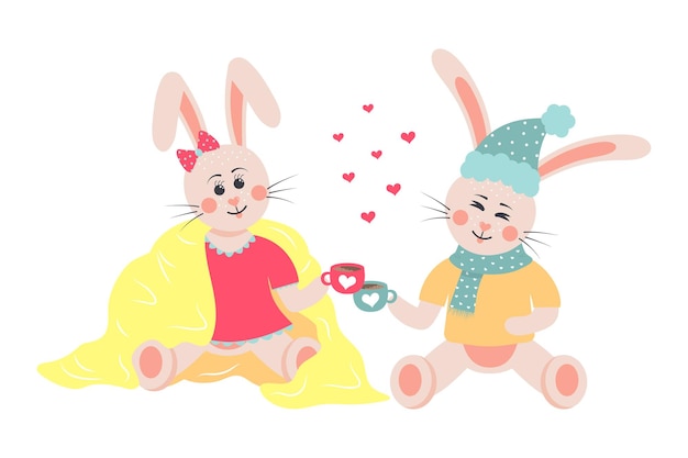 Cute rabbits in love bunny boy and bunny girl with coffee mugs in a warm clothes cartoon forest characters