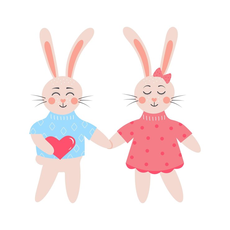 Vector cute rabbits in love bunny boy with heart holding bunny girl by the hand cartoon forest characters