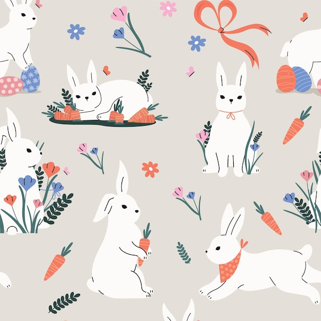 可愛いウサギのパターン 漫画のシームレスプリント 色とりどりのウサギ頭 幼稚な動物の顔