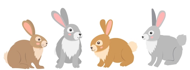 Cute rabbits set flat design isolated vector