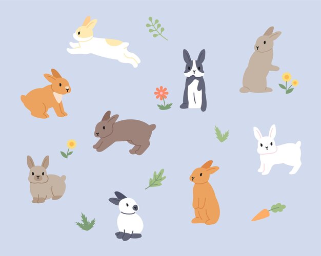 Vector cute rabbits of various colors and patterns are running around the flower garden.