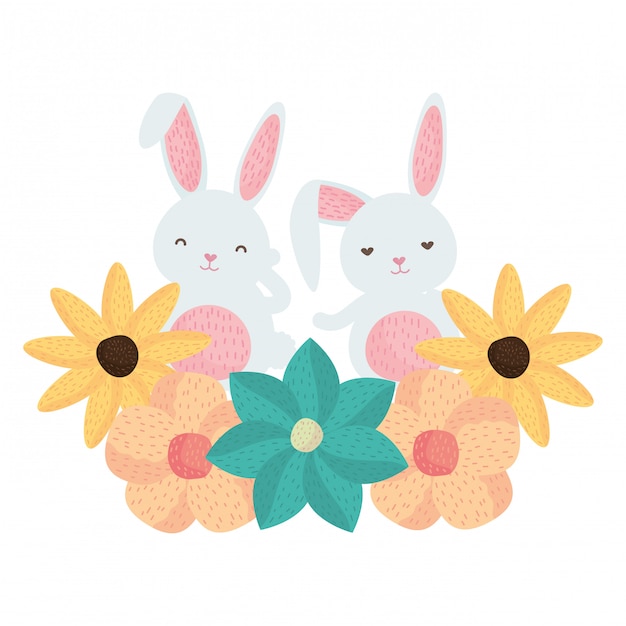 Vettore simpatici conigli con carattere di decorazione floreale