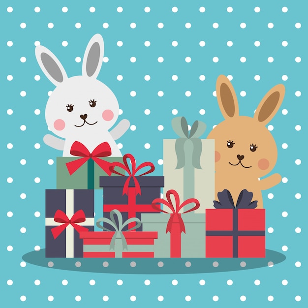 Vector cute rabbits with stacked gift boxes on dots background