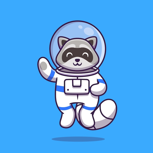 Cute raccoon astronaut waving hand cartoon illustration