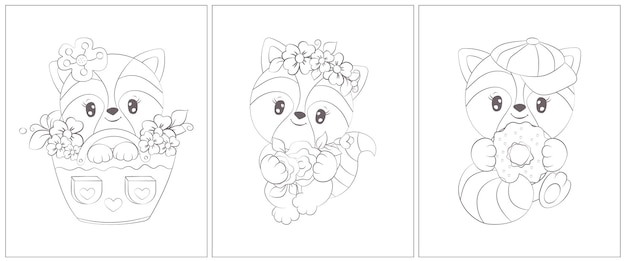 Cute raccoon black and white. Set of three pages for a coloring book.