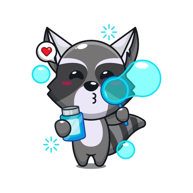 cute raccoon blowing bubbles cartoon vector illustration