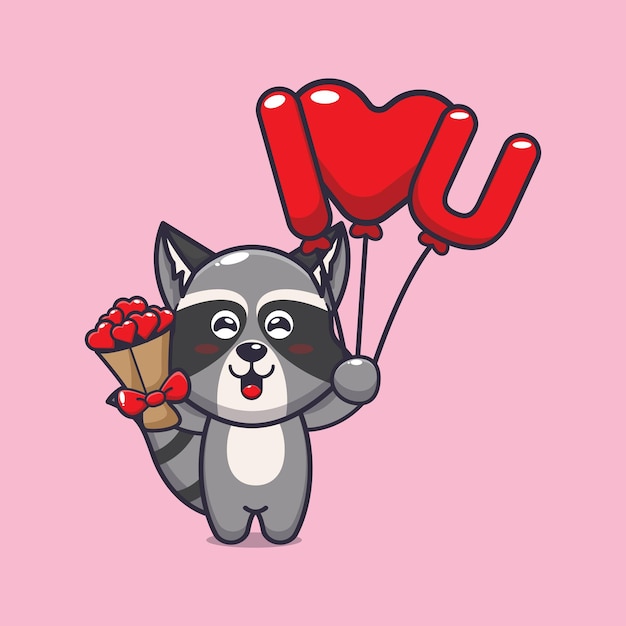 cute raccoon cartoon character holding love balloon and love flowers