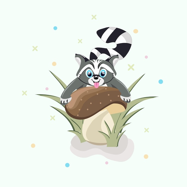 милый енот мультипликационный персонаж сидит на грибах и траве