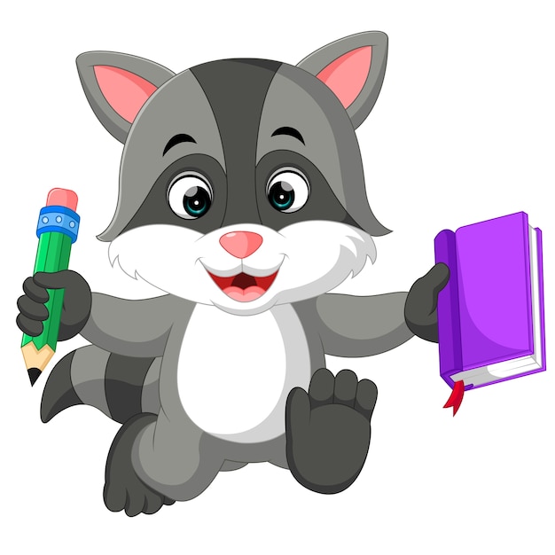 Cute raccoon cartoon holding book