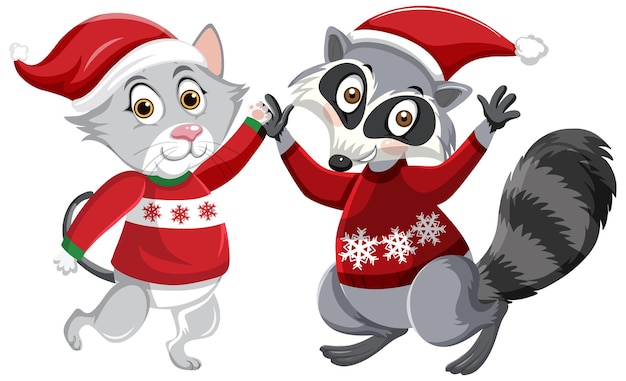 Cute raccoon and cat wearing Christmas hat cartoon character