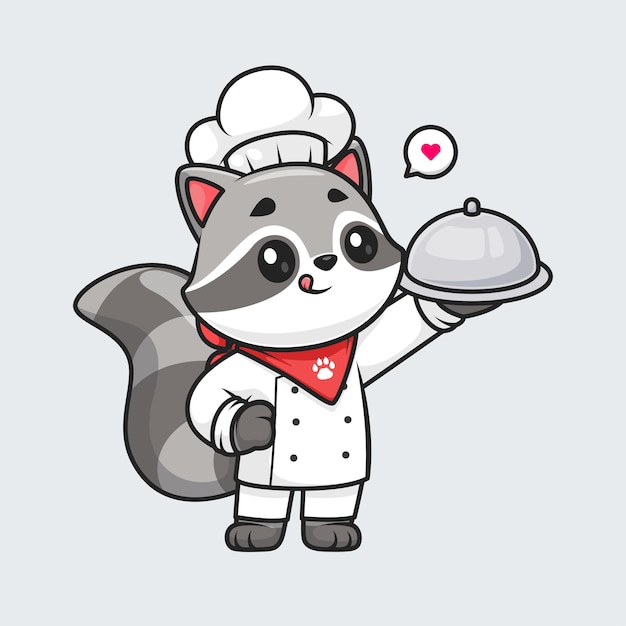 Vettore cute raccoon chef che serve cibo cartone animato icona vettore illustrazione concetto di icona cibo animale isolato