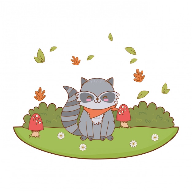 Cute raccoon in the field woodland character