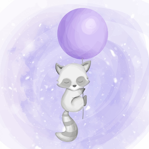 Cute raccoon fly with a balloon