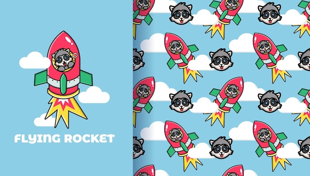 Cute raccoon flying rocket seamless pattern