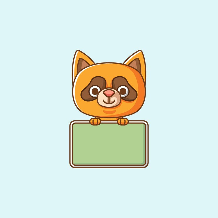 Vector cute raccoon hold blank space board banner kawaii chibi character mascot illustration outline style