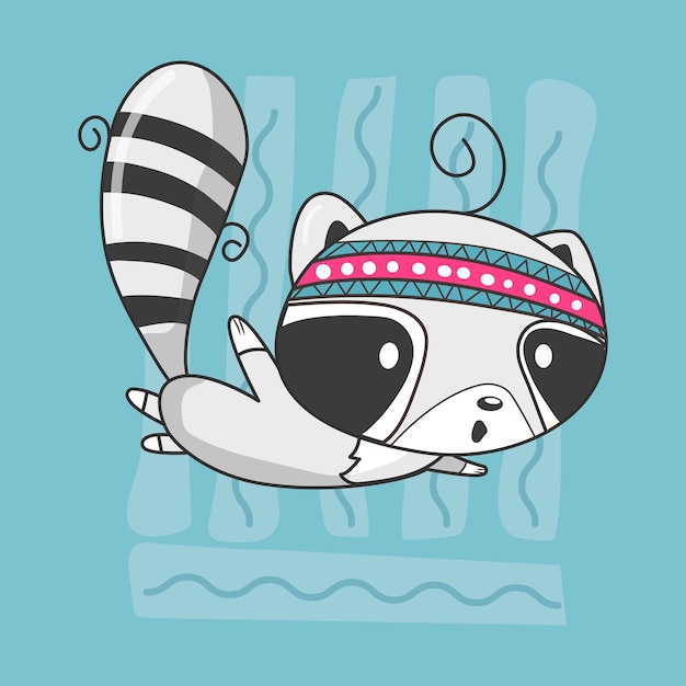 Cute raccoon in native clothes falling down