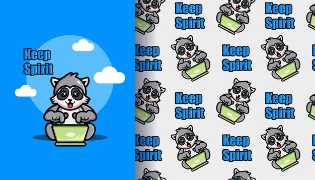 Cute raccoon operating laptop cartoon with seamless pattern