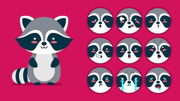 Vector cute raccoon set of animal emotions tiny raccoon with emoji collocation sleeping crying sad