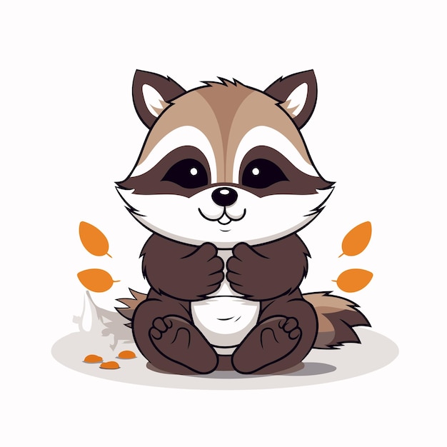 Cute raccoon sitting on the ground with autumn leaves Vector illustration
