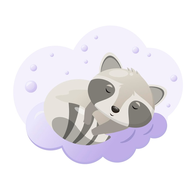 Cute raccoon sleeps on a cloud cartoon design