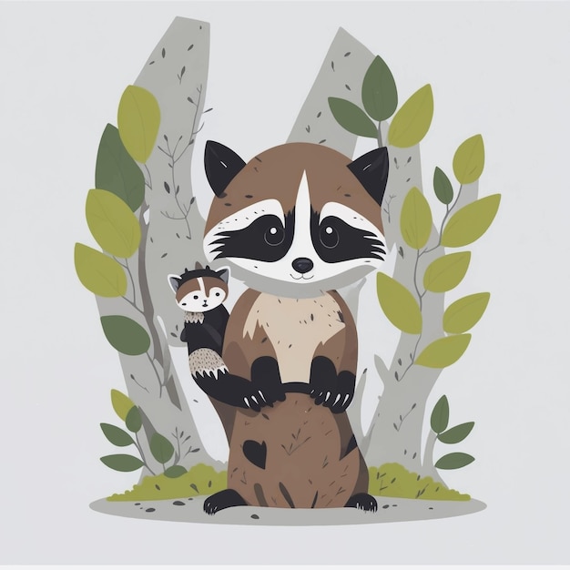 Cute raccoon tree vector illustration white background