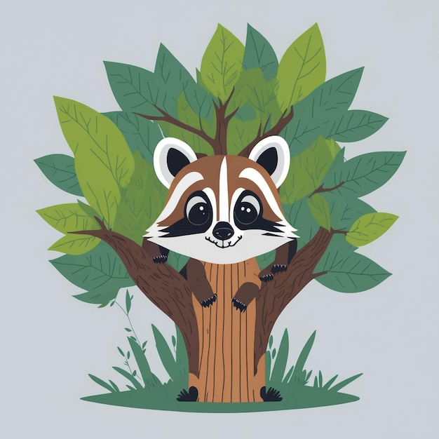 Cute raccoon tree vector illustration white background