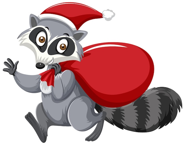Vector cute raccoon wearing christmas hat cartoon character