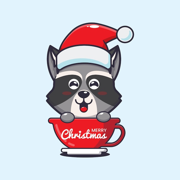 カップにサンタ帽子をかぶったかわいいアライグマ。かわいいクリスマス漫画イラスト。