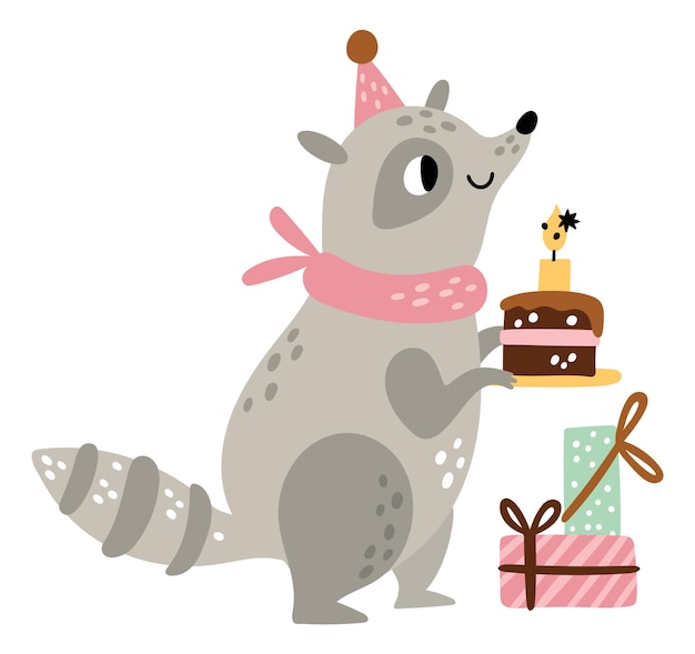 케이크와 선물을 든 귀여운 너구리 우드랜드 생일 파티