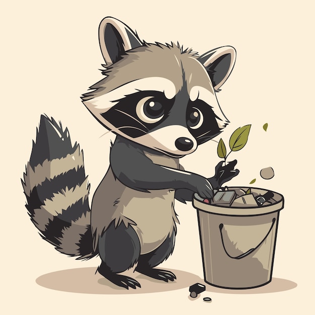 Cute raccoon with a plant in a bucket Vector illustration