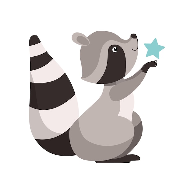 Cute Raccoon with Star Funny Humanized Grey Coon Animal Character Side View Vector Illustration on White Background