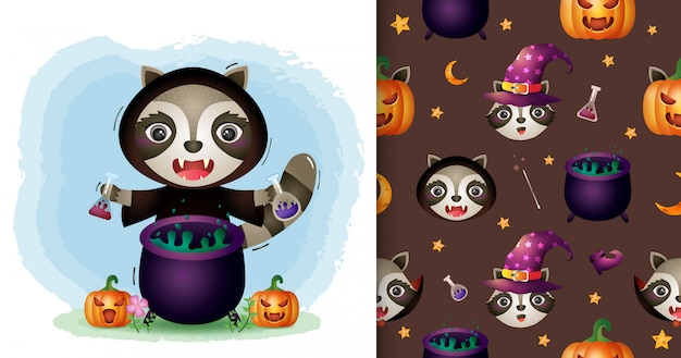 魔女衣装のかわいいアライグマハロウィンキャラクターコレクション。シームレスなパターンとイラストのデザイン