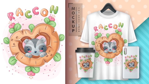 Vector cute raccoon in wood heart - poster and merchandising.