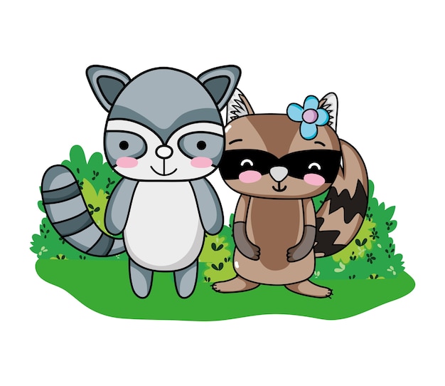 Vector cute raccoons friends animals and bushes